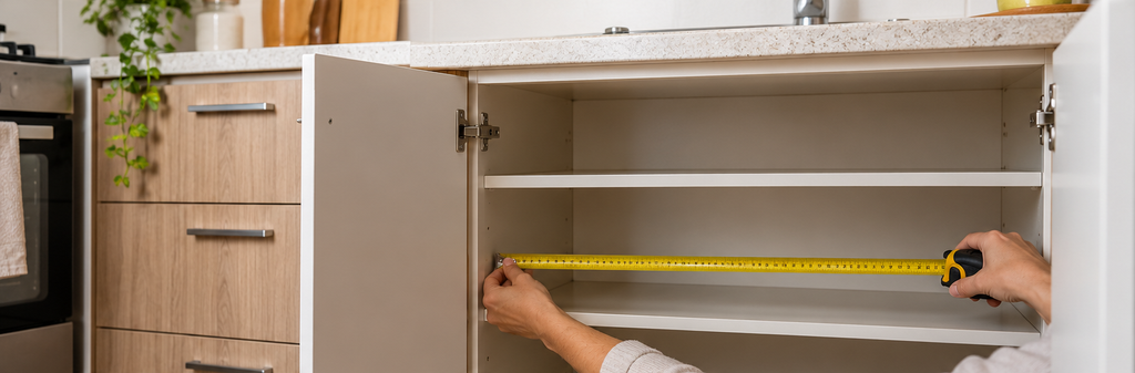 Como medir armários de cozinha usando uma trena para conferir a largura interna do compartimento.