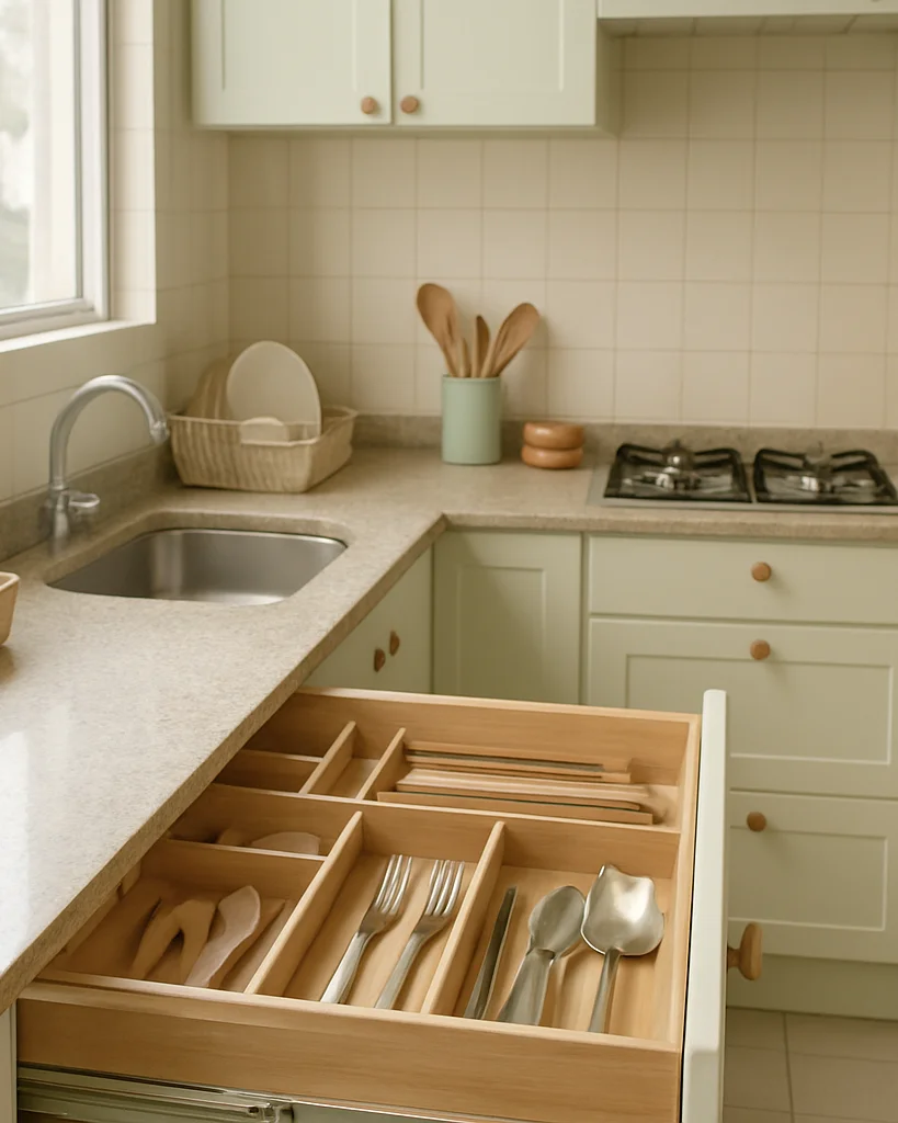 Interior realista e iluminado de uma cozinha pequena de apartamen